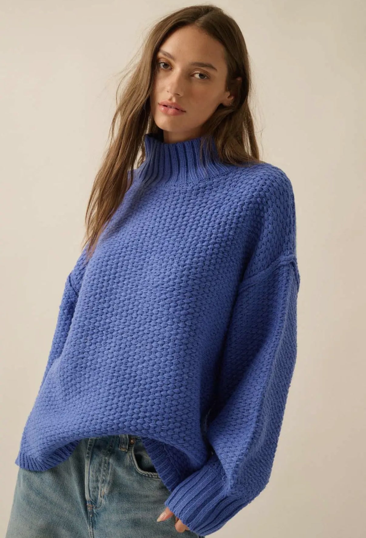 Cobalt Crochet Knit Mock Neck Sweater