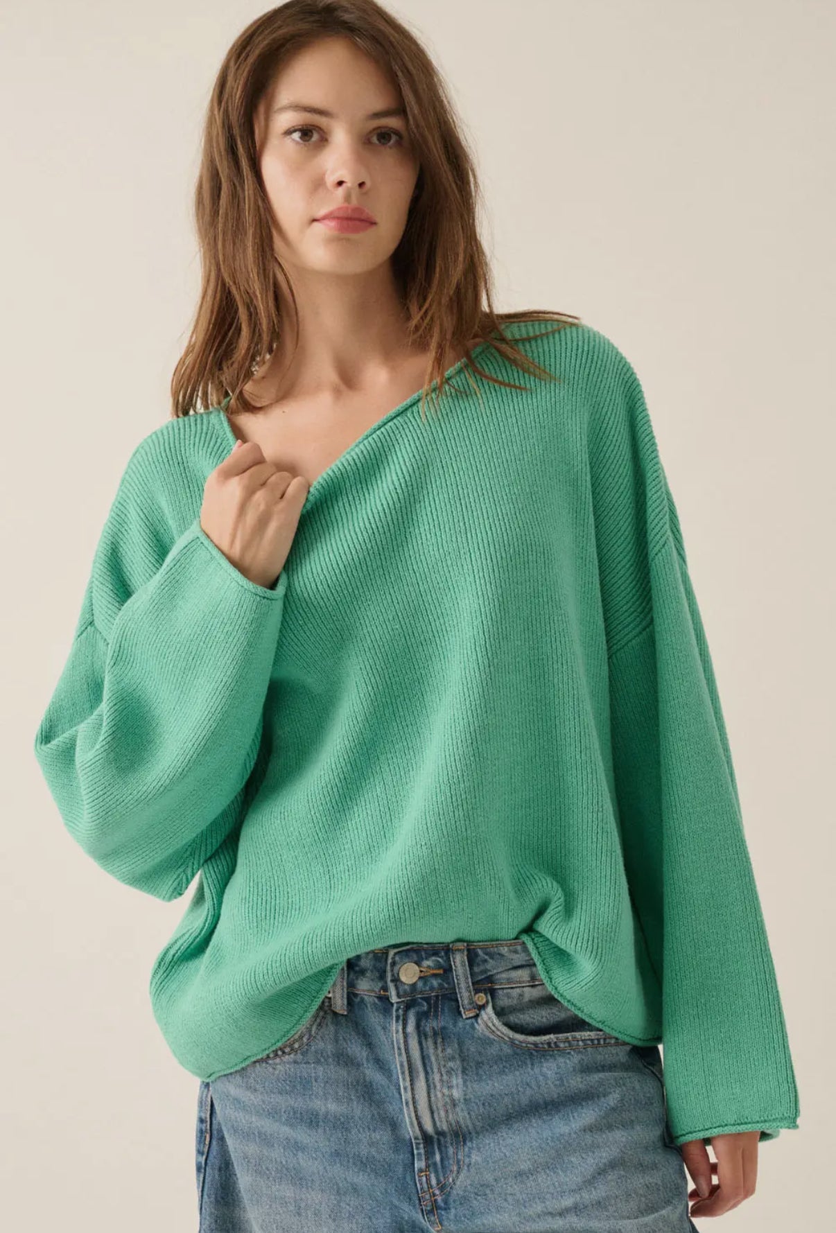 Pine Green Solid Rib-Knit Boatneck Sweater
