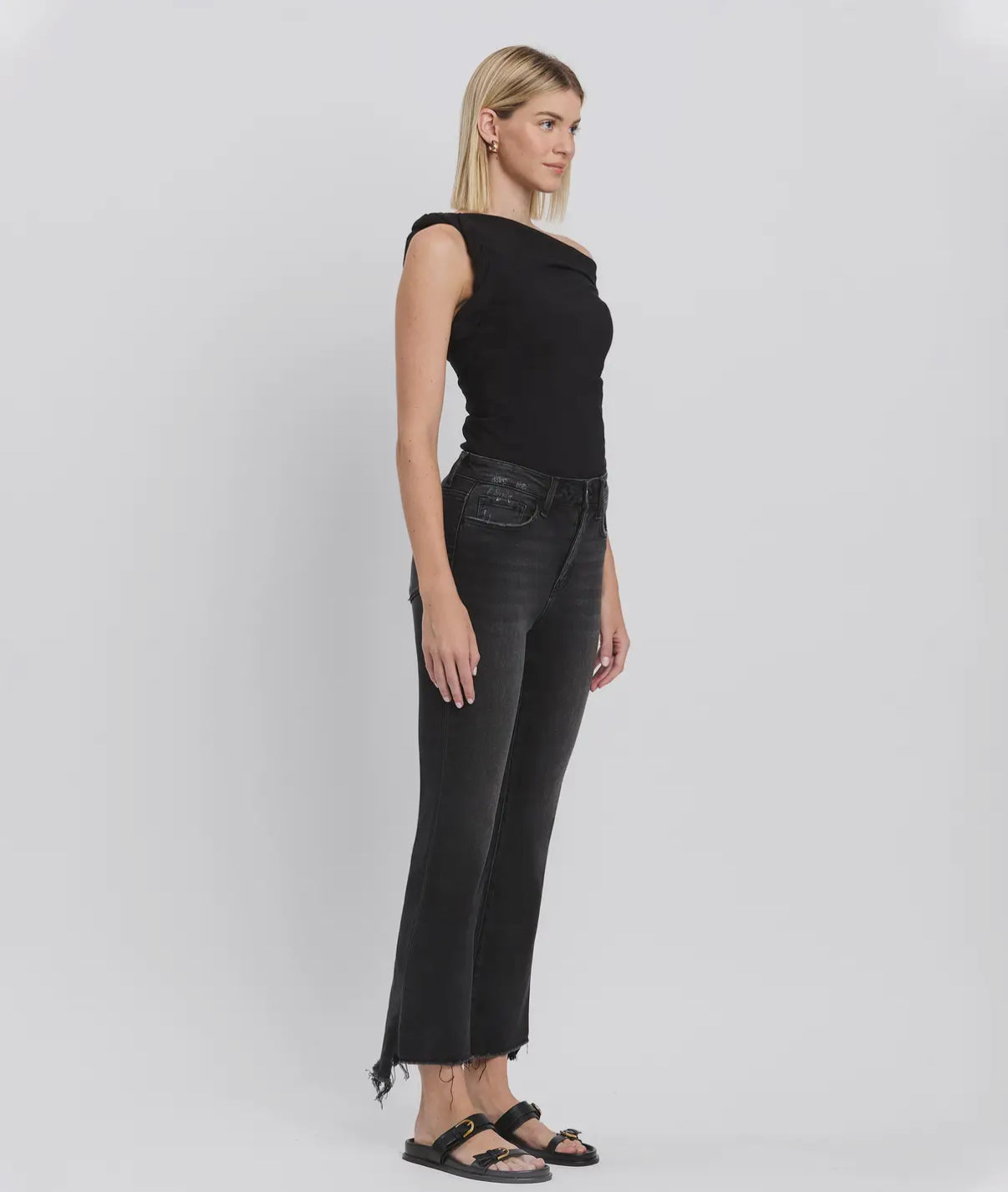 High Rise Raw Step Hem Black Crop Flare Jeans