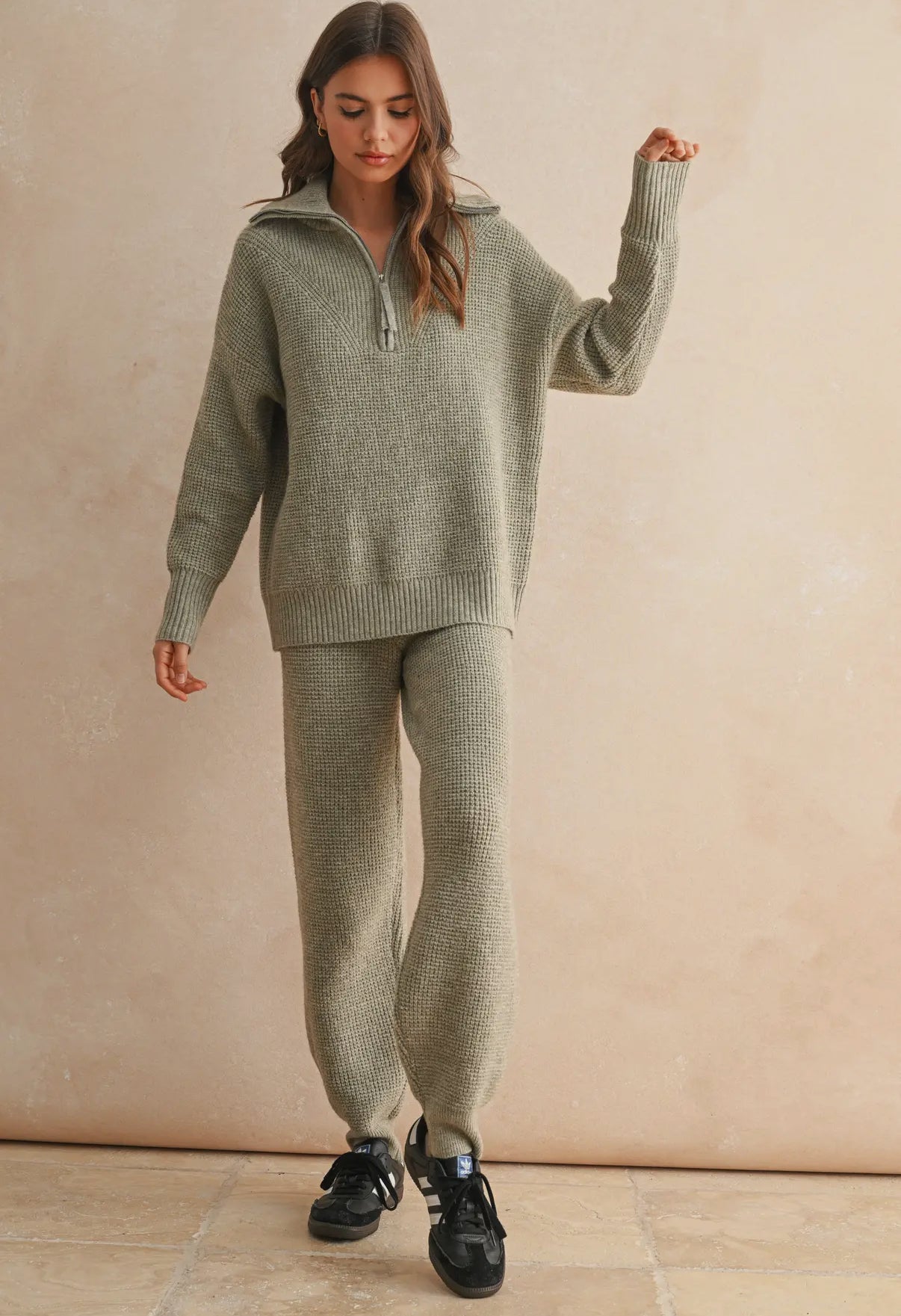 Waffle Knit Quarter Zip Sweater