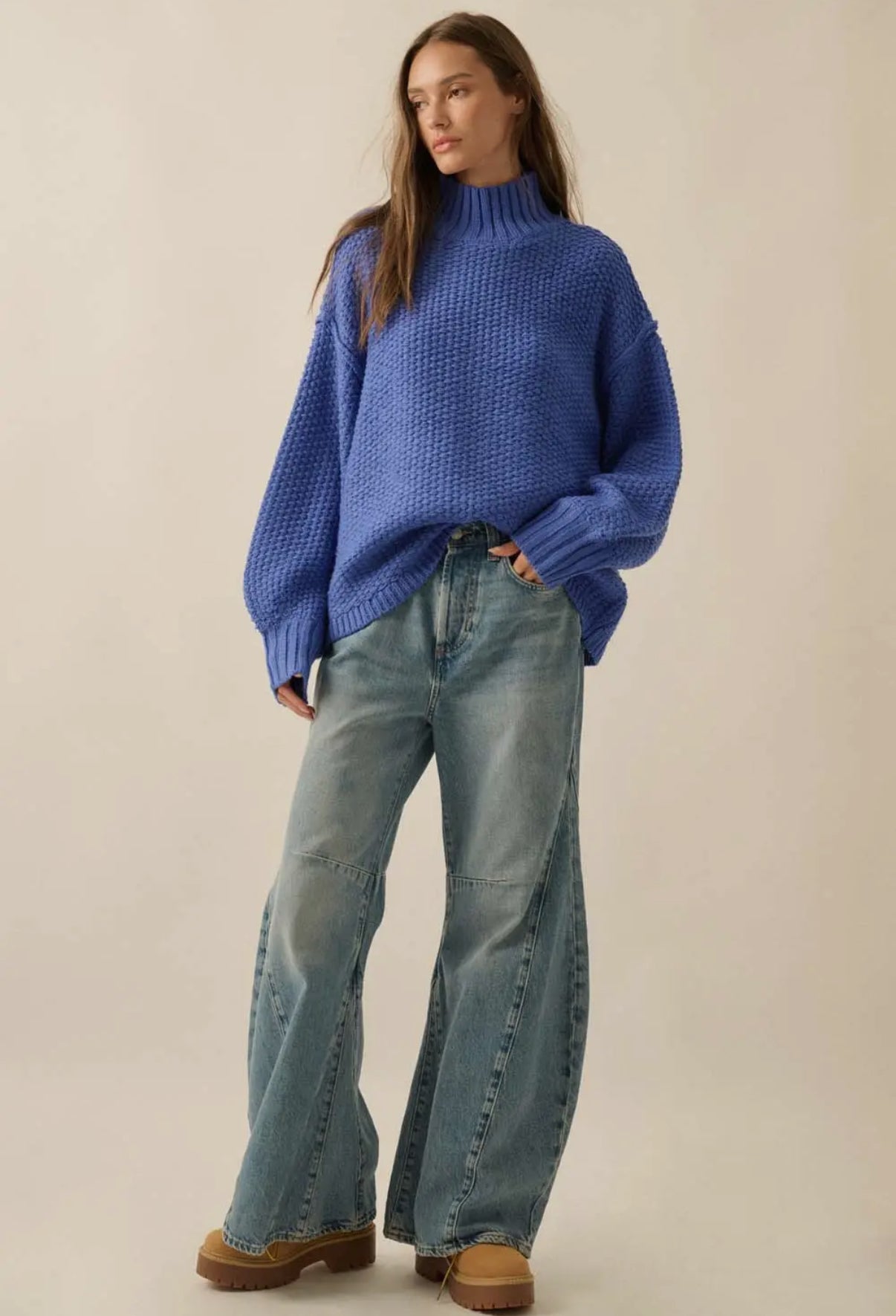 Cobalt Crochet Knit Mock Neck Sweater