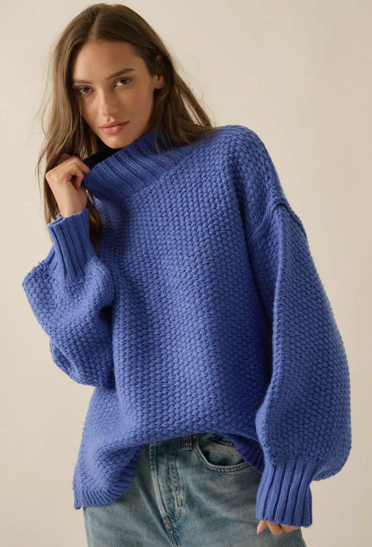 Cobalt Crochet Knit Mock Neck Sweater