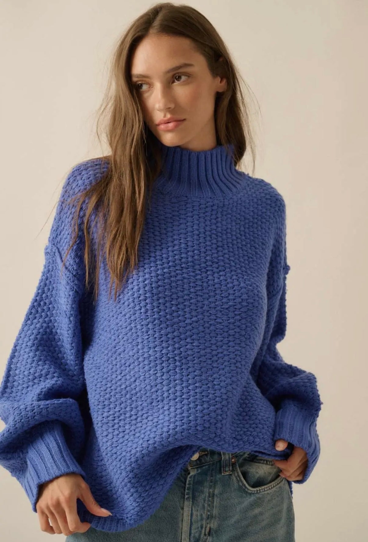 Cobalt Crochet Knit Mock Neck Sweater