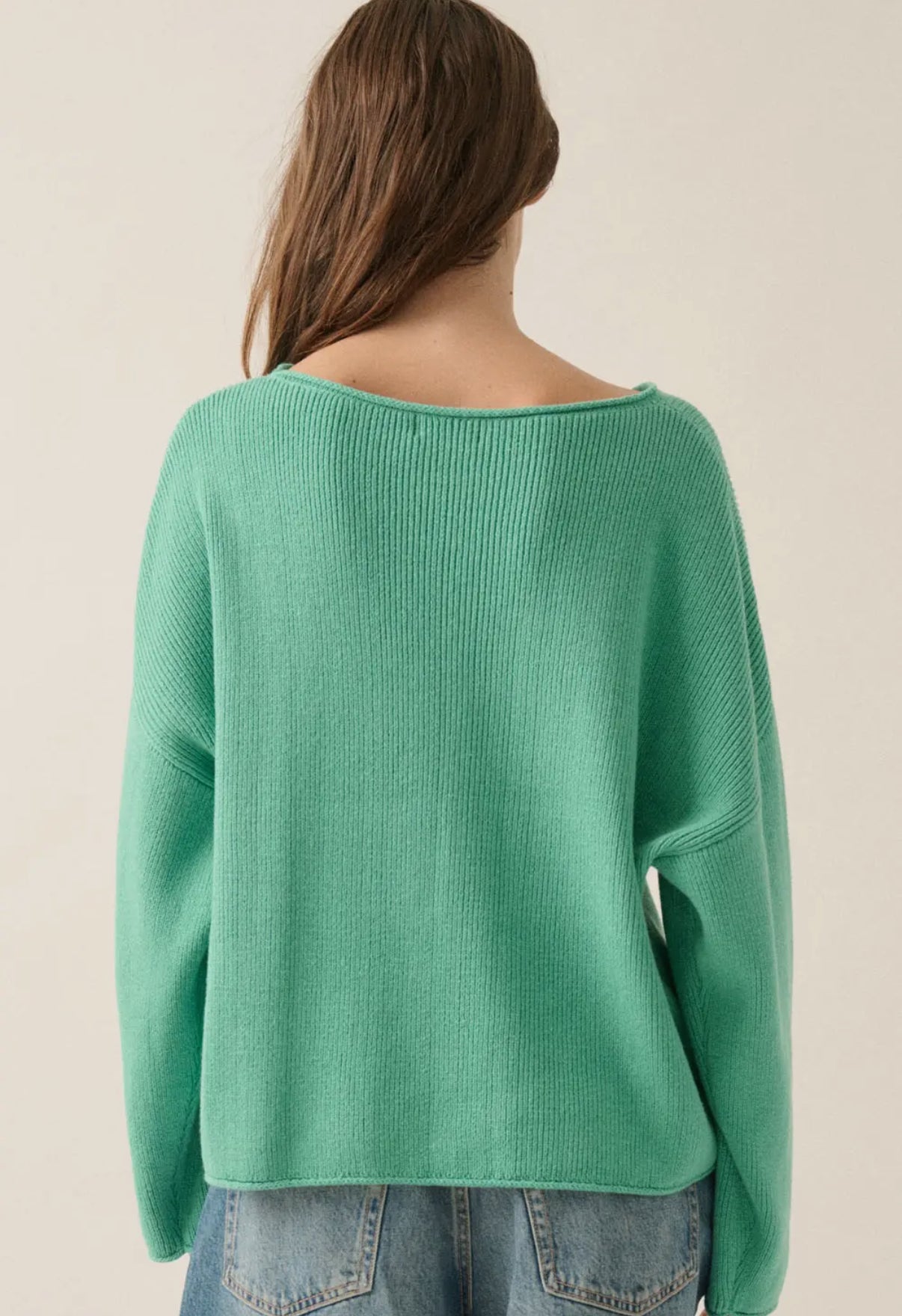Pine Green Solid Rib-Knit Boatneck Sweater