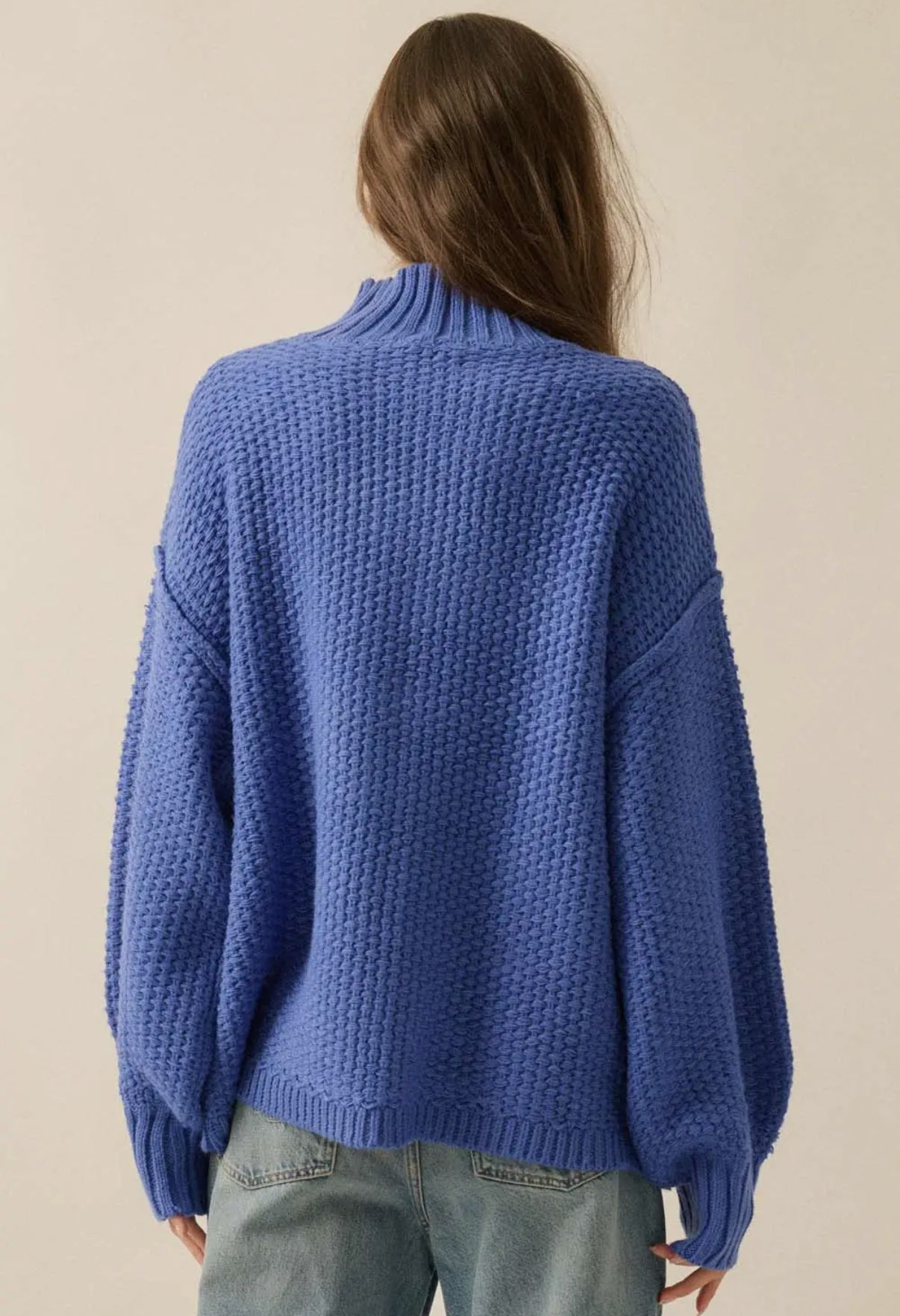 Cobalt Crochet Knit Mock Neck Sweater