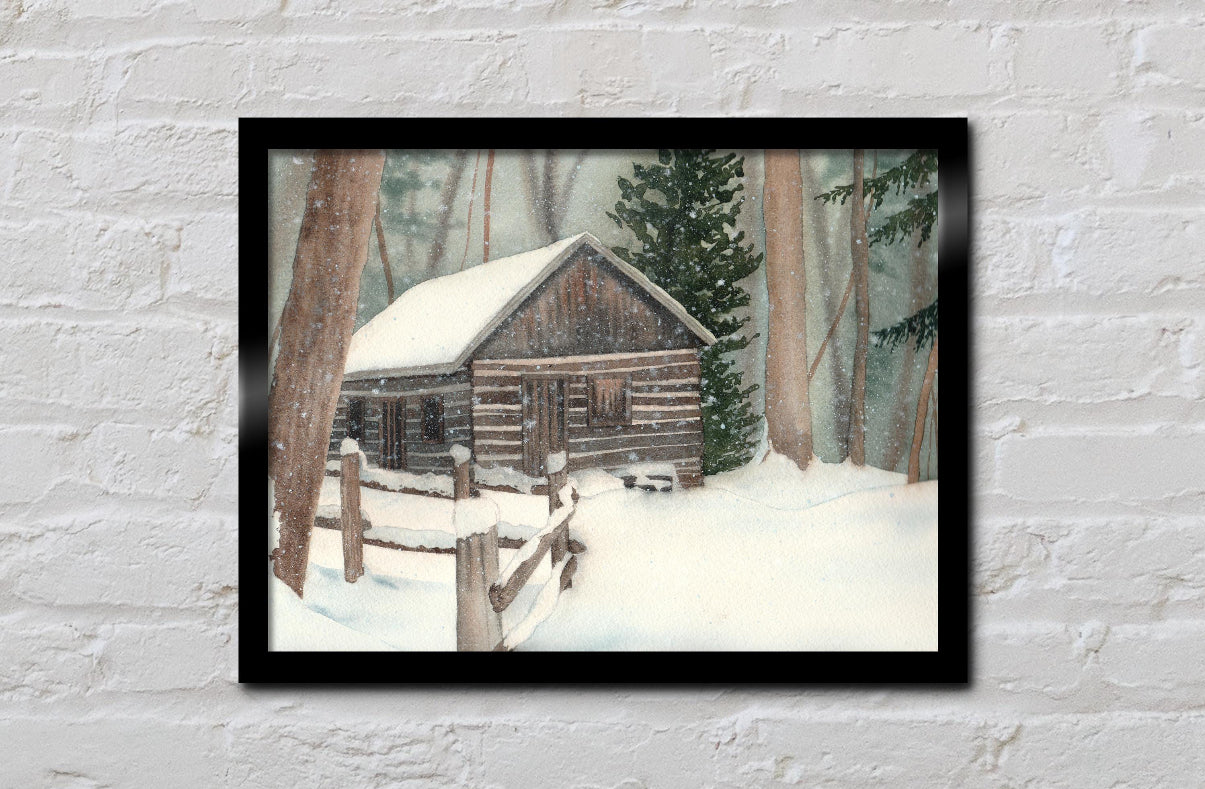 Snowy Cabin | Adirondacks Watercolor Print