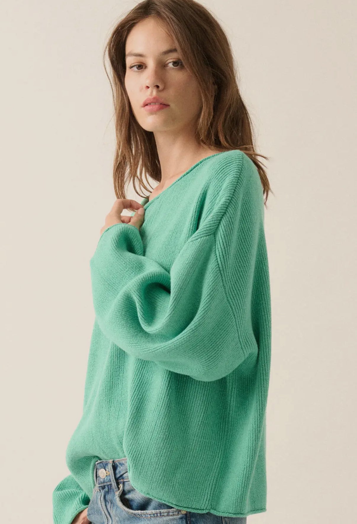 Pine Green Solid Rib-Knit Boatneck Sweater