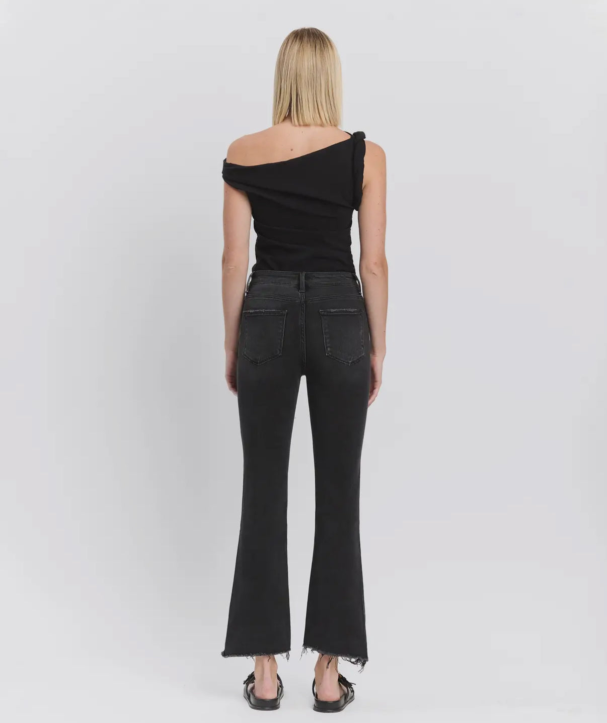 High Rise Raw Step Hem Black Crop Flare Jeans