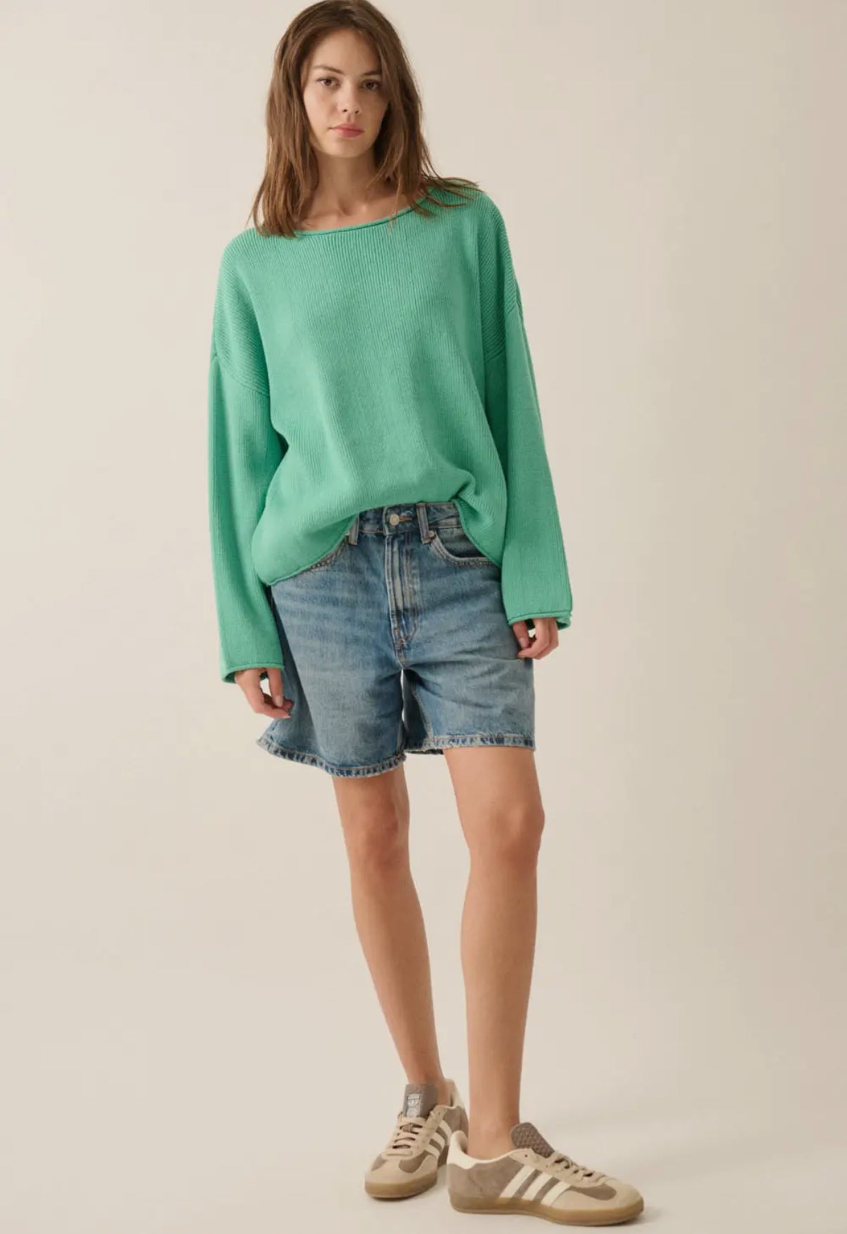 Pine Green Solid Rib-Knit Boatneck Sweater
