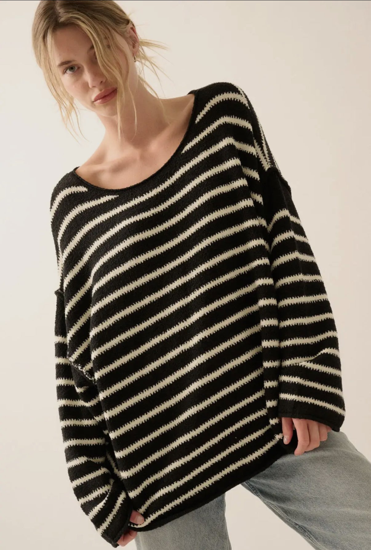 Striped Textured Knit Oversized Sweater
