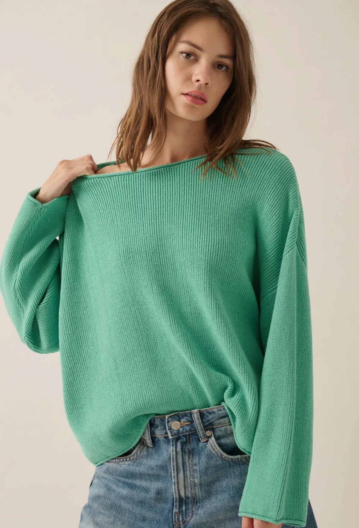 Pine Green Solid Rib-Knit Boatneck Sweater