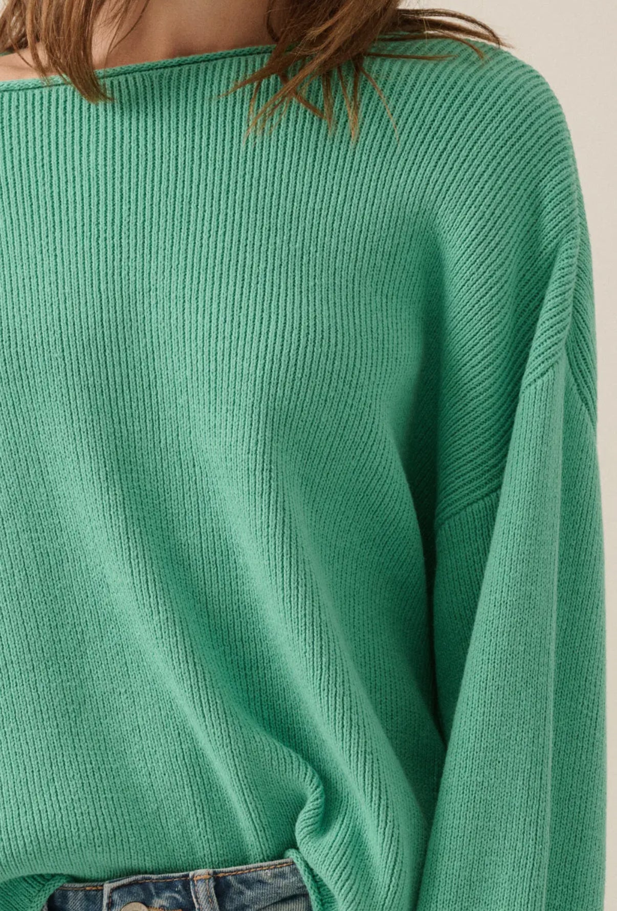 Pine Green Solid Rib-Knit Boatneck Sweater