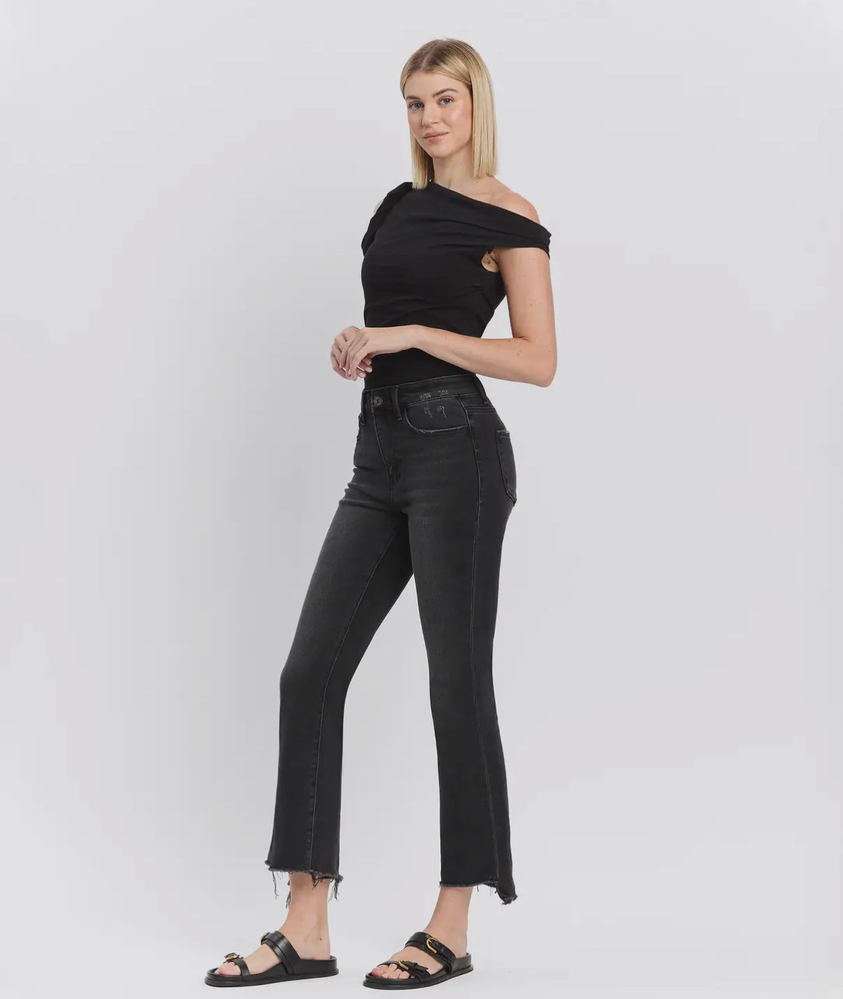 High Rise Raw Step Hem Black Crop Flare Jeans