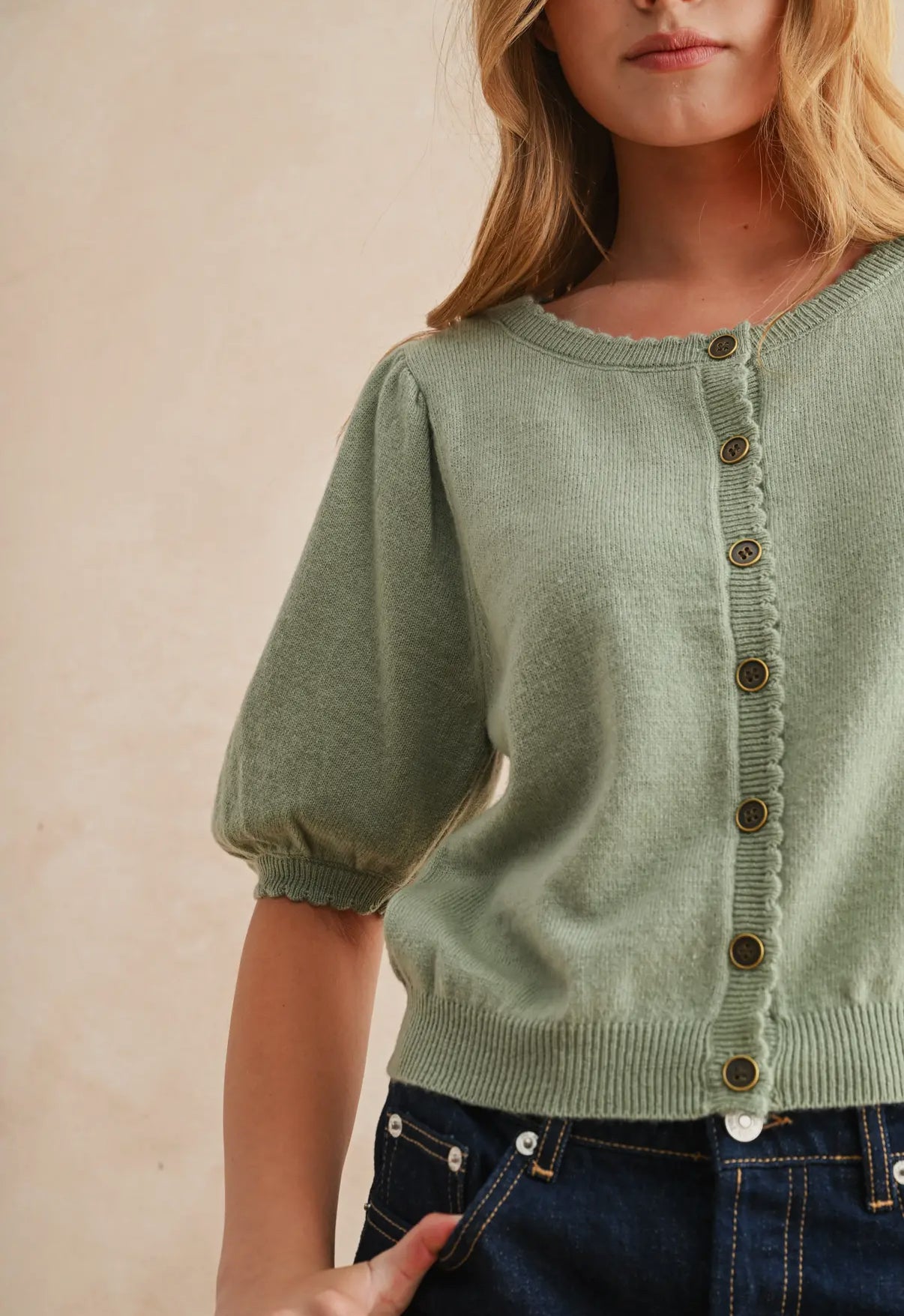 Mint Puff Sleeve Button Down Cardigan