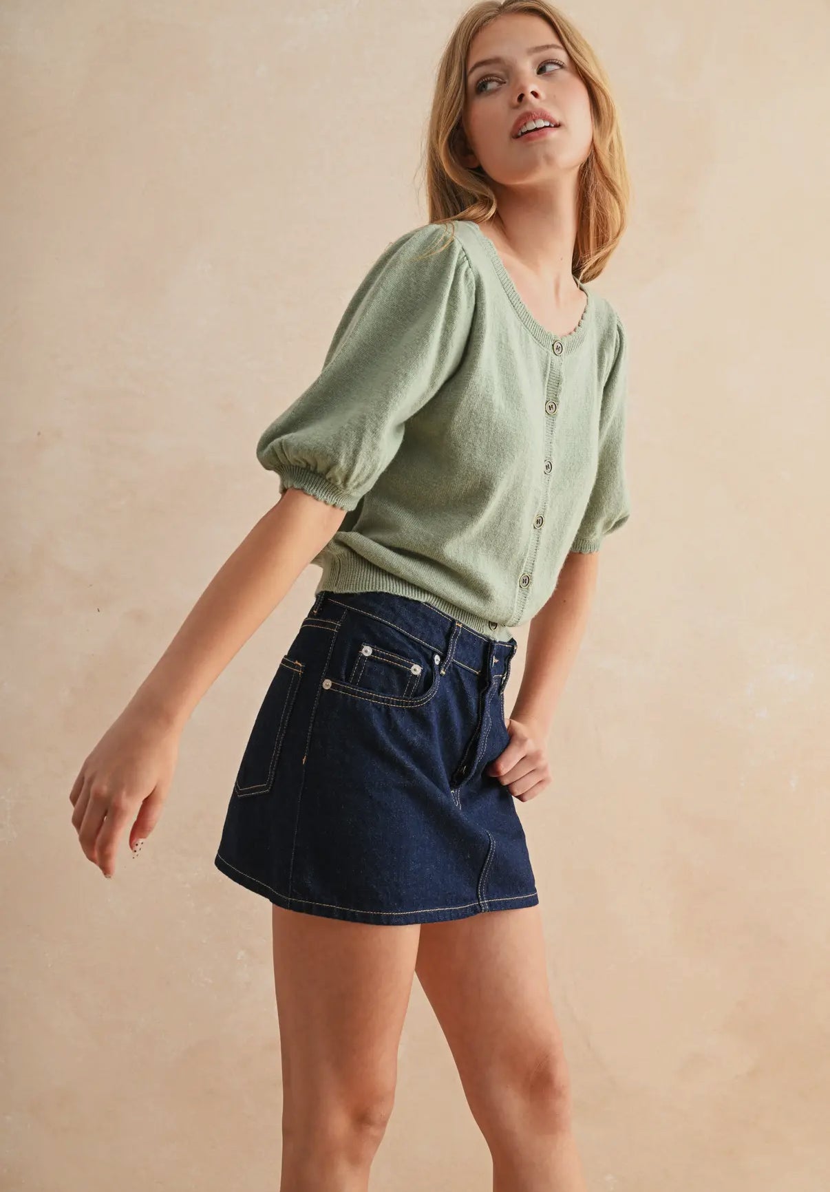Mint Puff Sleeve Button Down Cardigan