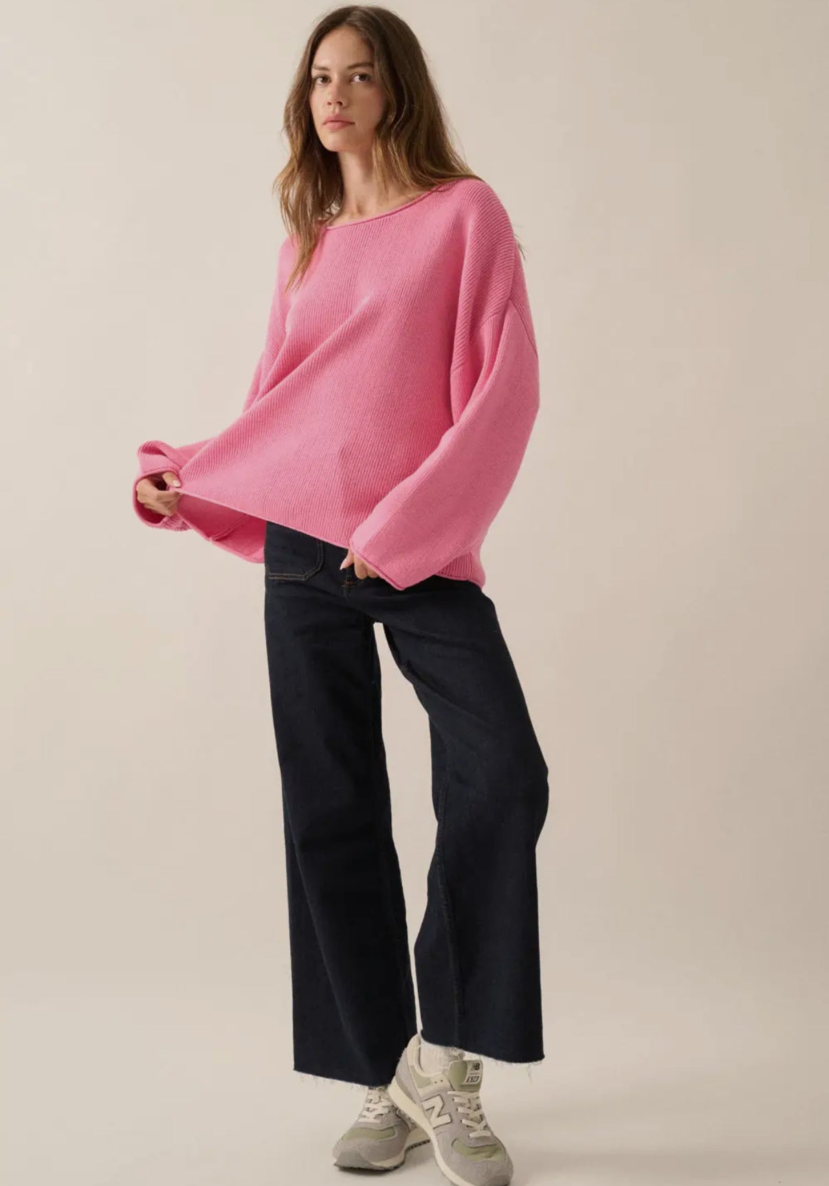 Pink Solid Rib-Knit Boatneck Sweater