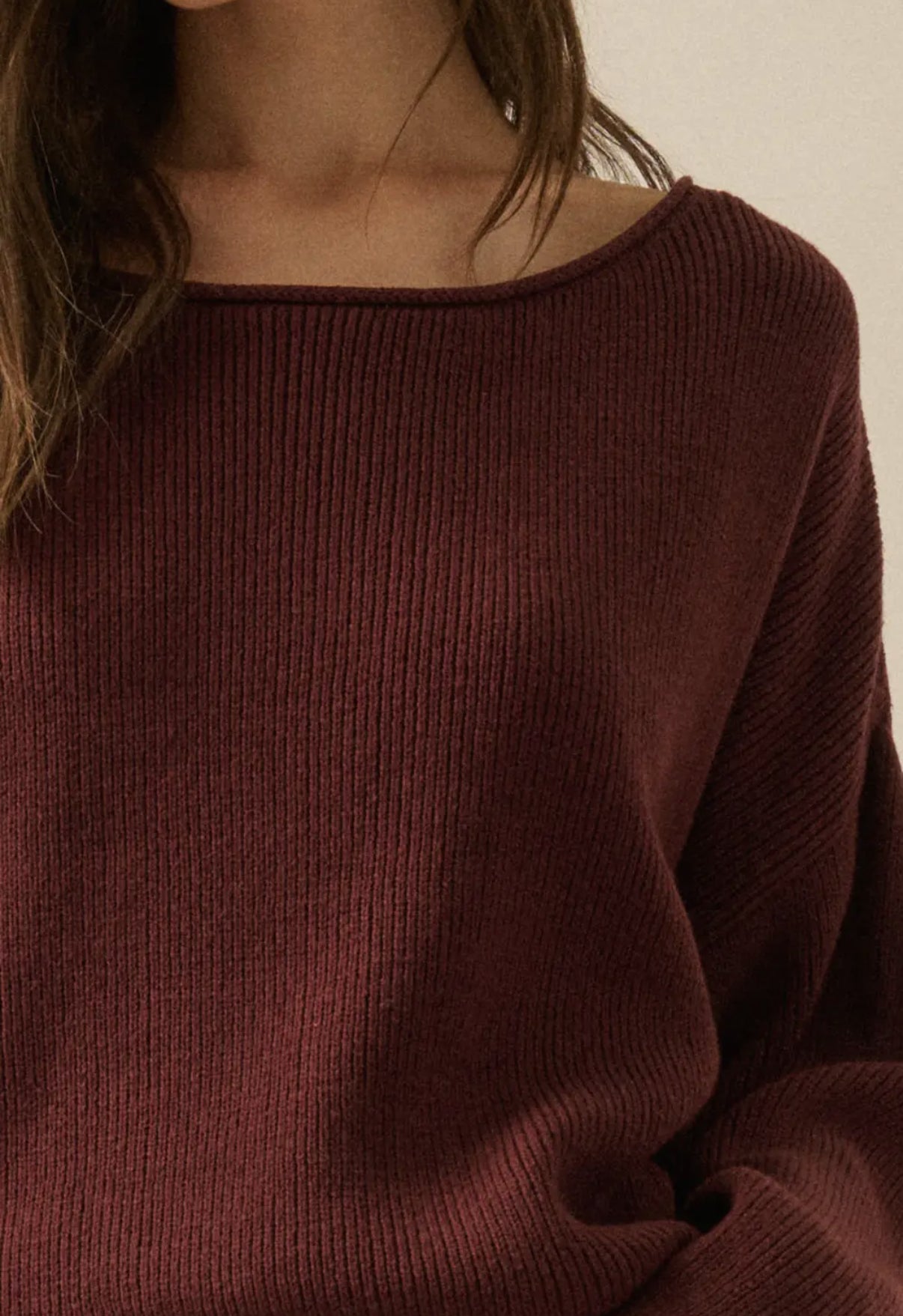 Baked Plum Solid Rib-Knit Boatneck Sweater