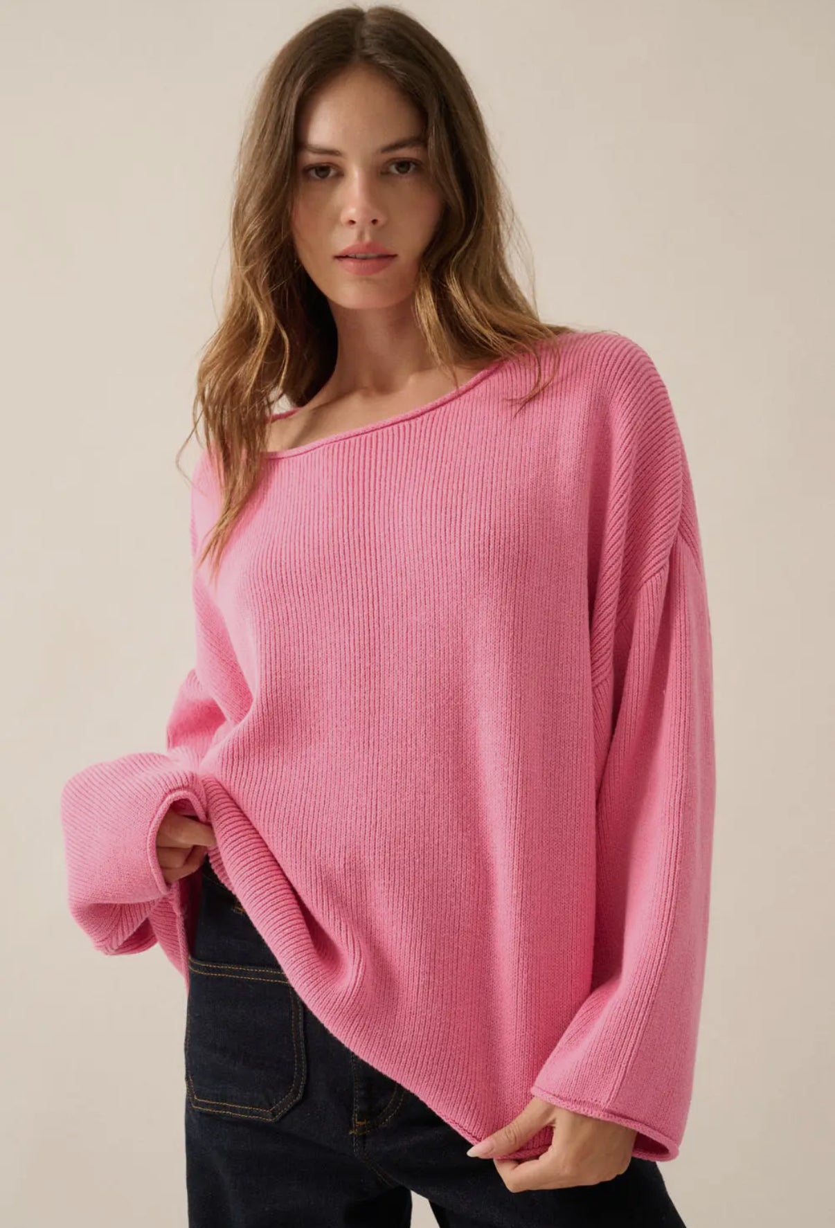 Pink Solid Rib-Knit Boatneck Sweater