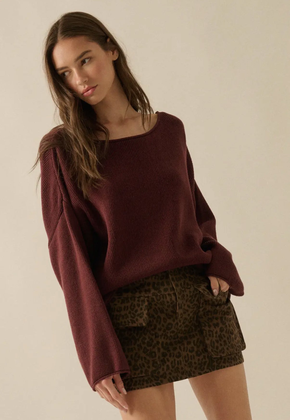 Baked Plum Solid Rib-Knit Boatneck Sweater
