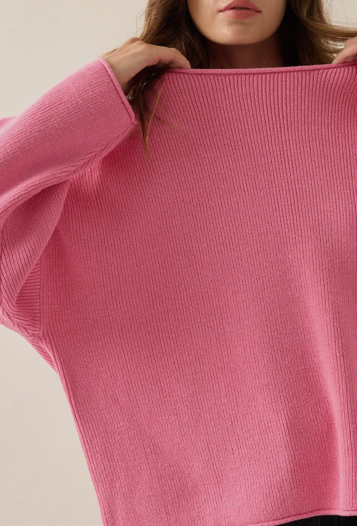 Pink Solid Rib-Knit Boatneck Sweater