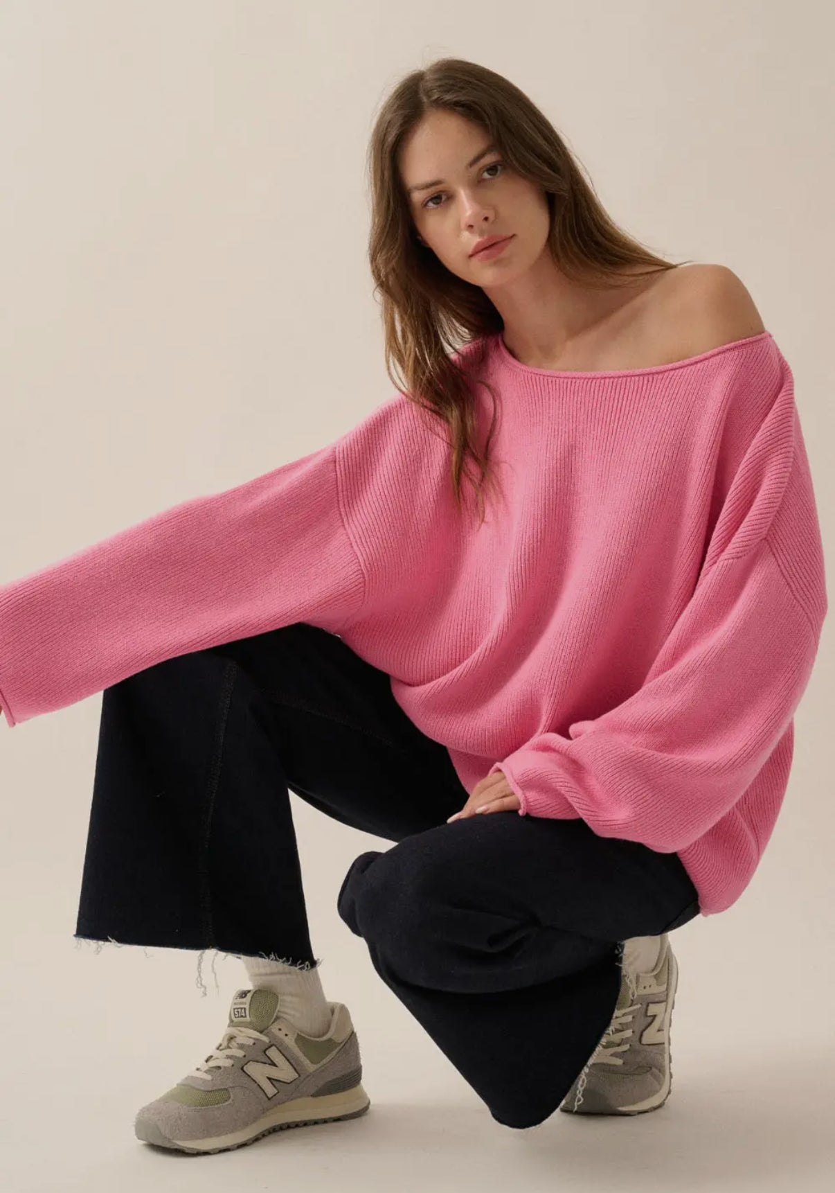Pink Solid Rib-Knit Boatneck Sweater