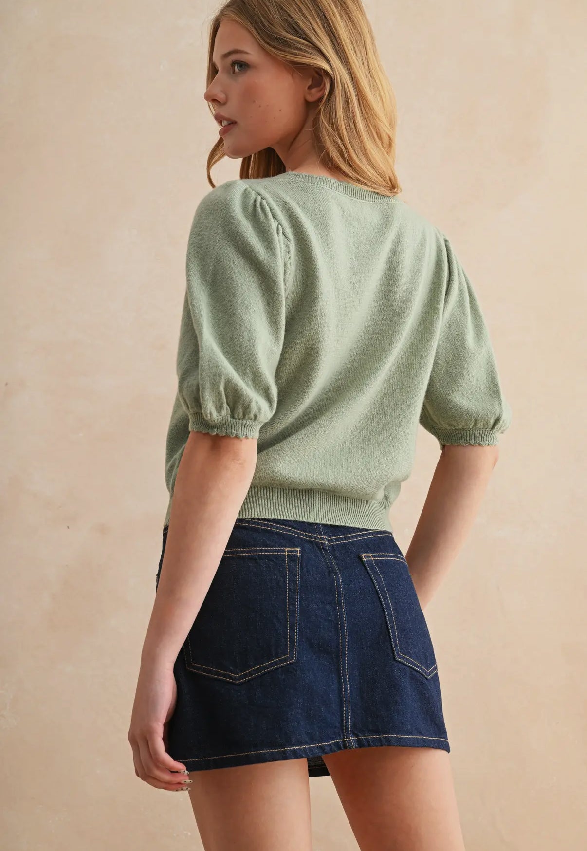Mint Puff Sleeve Button Down Cardigan