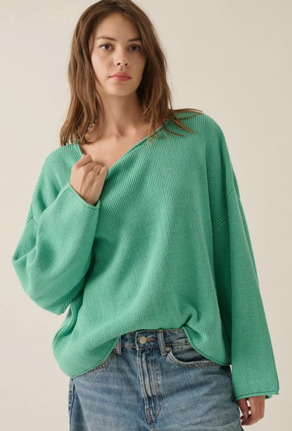 Pine Green Solid Rib-Knit Boatneck Sweater