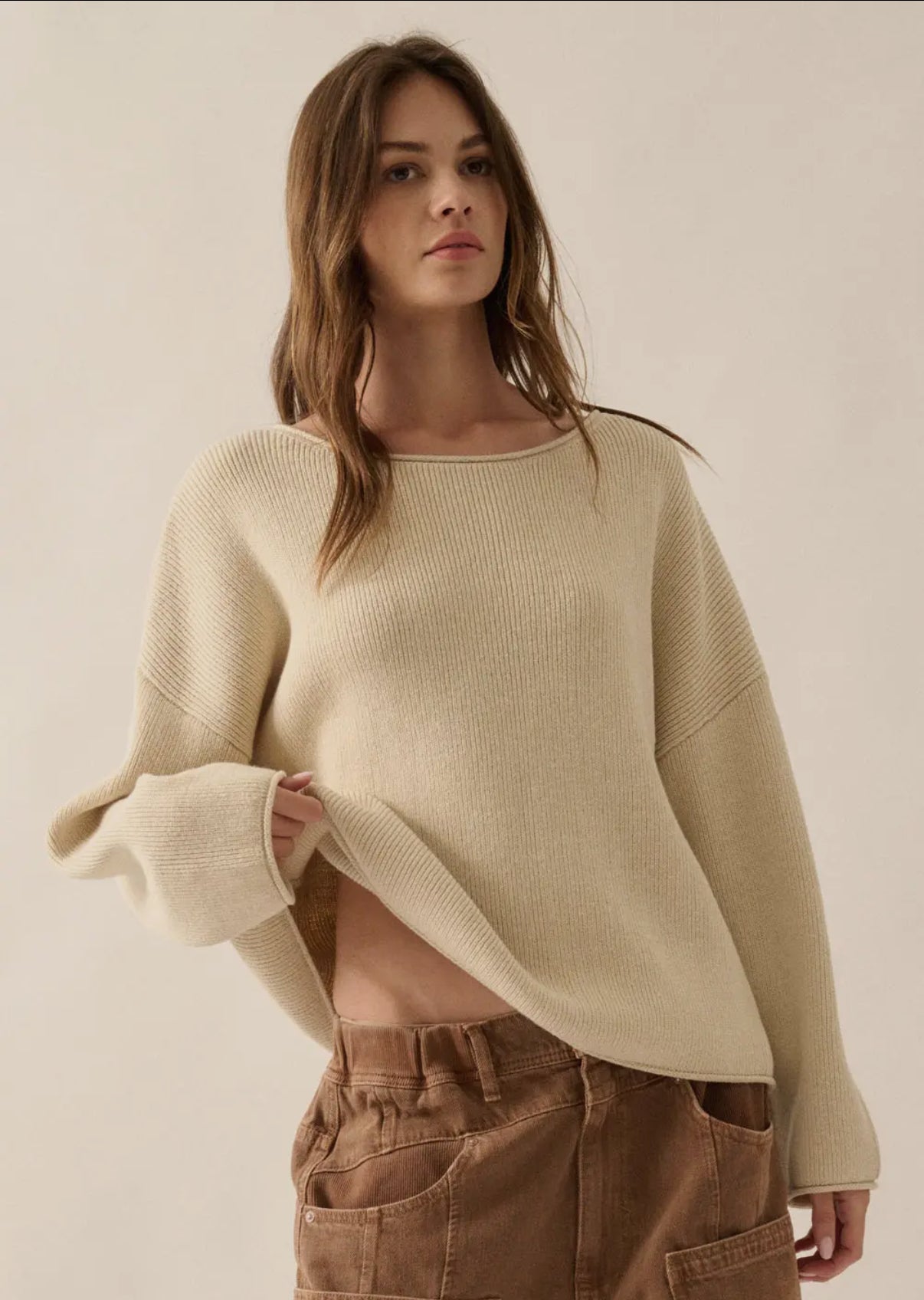 Oatmeal Solid Rib-Knit Boatneck Sweater