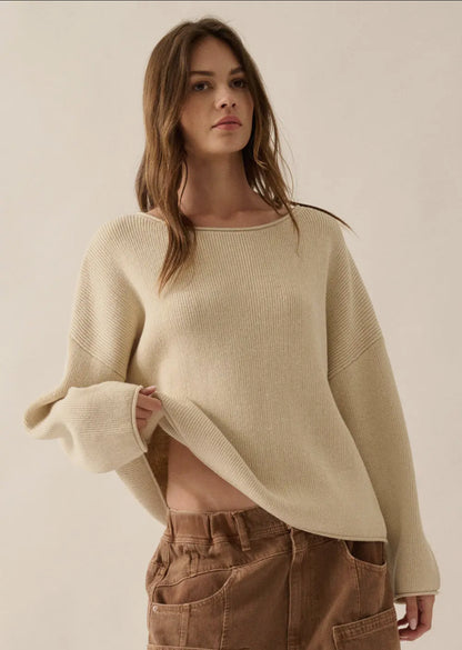 Oatmeal Solid Rib-Knit Boatneck Sweater