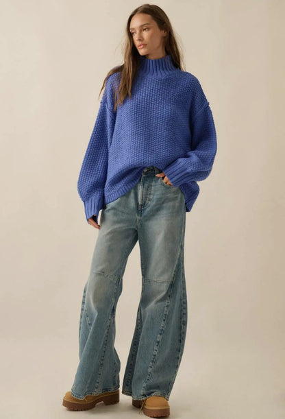 Cobalt Crochet Knit Mock Neck Sweater