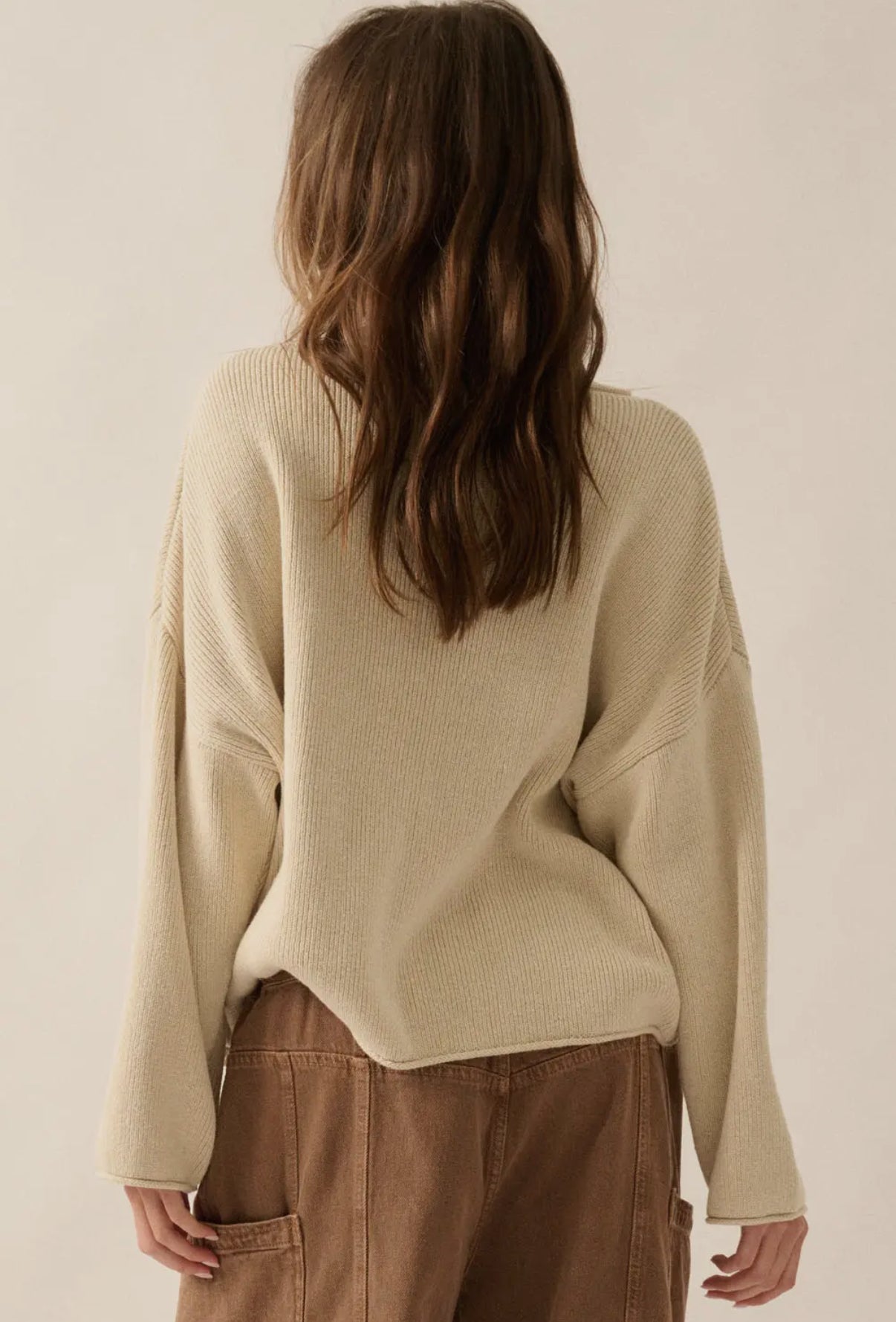 Cream Solid Rib-Knit Boatneck Sweater