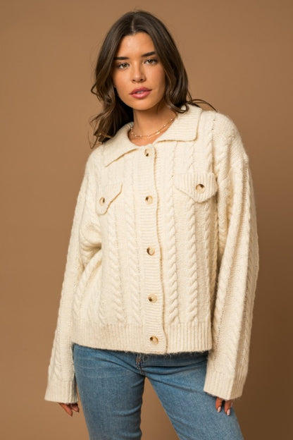 Collared Cable Sweater Cardigan *