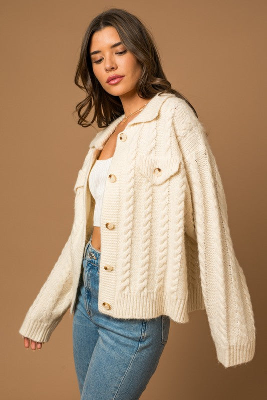 Collared Cable Sweater Cardigan *