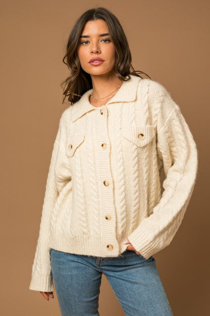 Collared Cable Sweater Cardigan *