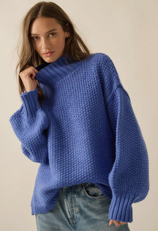 Cobalt Crochet Knit Mock Neck Sweater