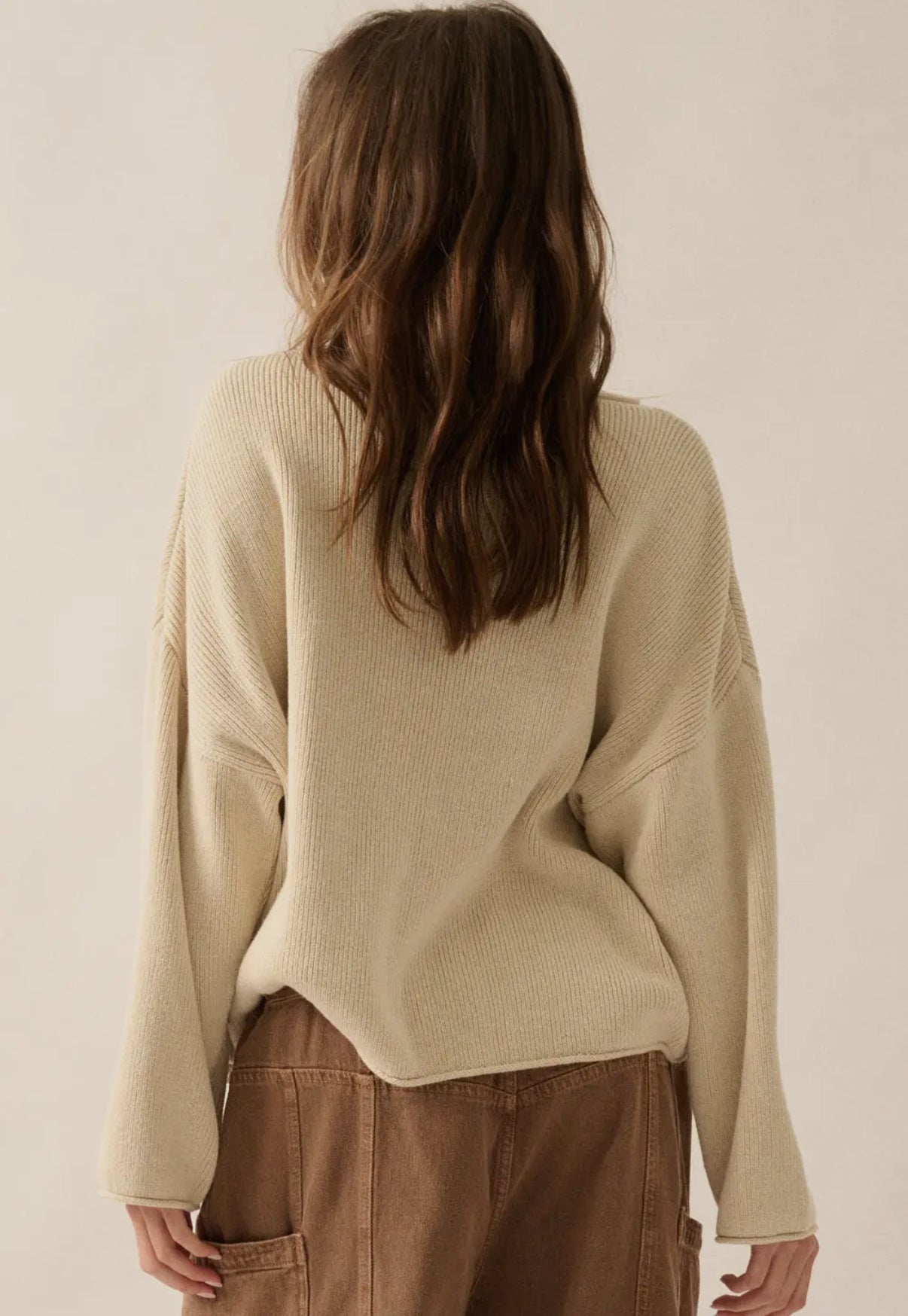 Oatmeal Solid Rib-Knit Boatneck Sweater