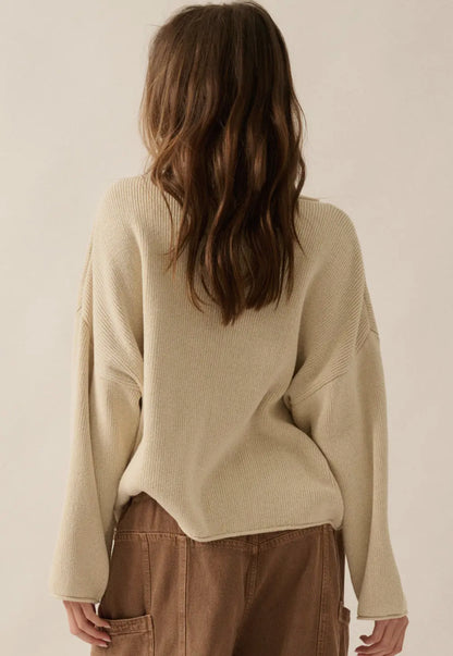 Oatmeal Solid Rib-Knit Boatneck Sweater