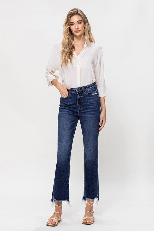 High Rise Distressed Hem Kick Flare Jeans *