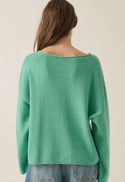 Pine Green Solid Rib-Knit Boatneck Sweater
