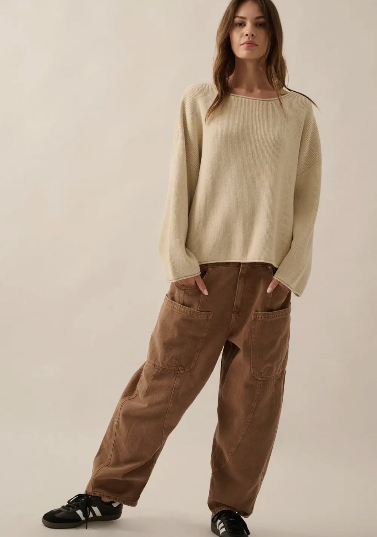 Oatmeal Solid Rib-Knit Boatneck Sweater