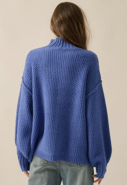 Cobalt Crochet Knit Mock Neck Sweater