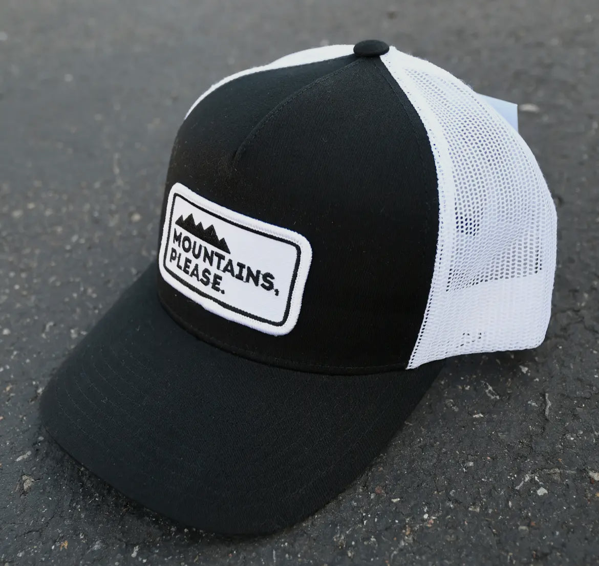 “MOUNTAINS, PLEASE.” Trucker Hat