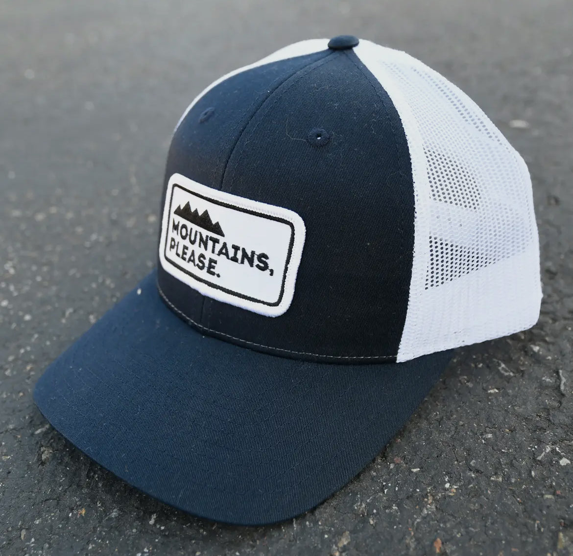 “MOUNTAINS, PLEASE.” Trucker Hat