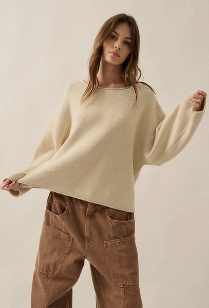 Cream Solid Rib-Knit Boatneck Sweater