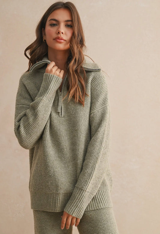 Waffle Knit Quarter Zip Sweater