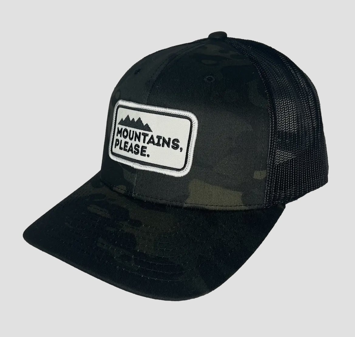 “MOUNTAINS, PLEASE.” Trucker Hat