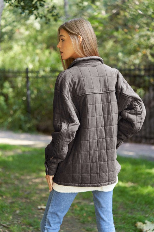 Solid Mineral Wash Quilted Pockets Shacket *