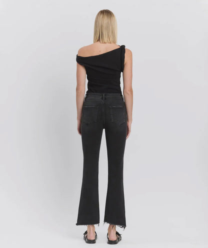 High Rise Raw Step Hem Black Crop Flare Jeans