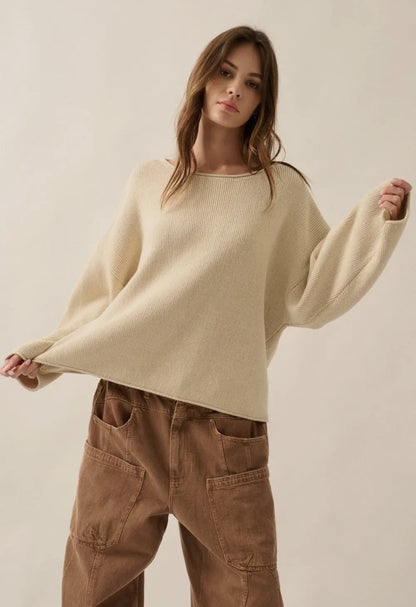 Oatmeal Solid Rib-Knit Boatneck Sweater