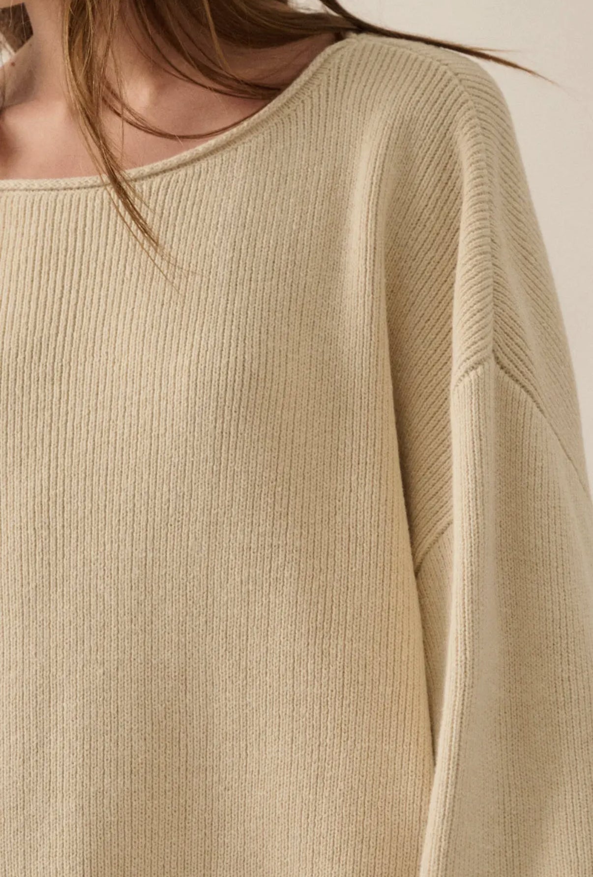 Cream Solid Rib-Knit Boatneck Sweater
